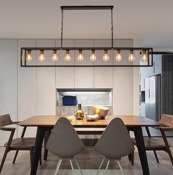 Farmhouse Dining Room Light Fixture Kitchen Island Pendant Lighting Rectangle Black Dining Room Lighting Fixture Modern Pendant Contemporary Chandeliers with Glass Shade Adjustable (10 Light)