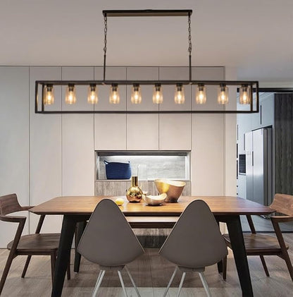 Farmhouse Dining Room Light Fixture Kitchen Island Pendant Lighting Rectangle Black Dining Room Lighting Fixture Modern Pendant Contemporary Chandeliers with Glass Shade Adjustable (10 Light)