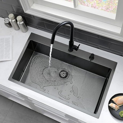 33 Black Kitchen Sink with Faucet Combo-VASOYO 33 x 22 Drop In Kitchen Sink Top Mount Black Stainless Steel Deep Single Bowl Over Mount Sinks with Faucet Combo Set