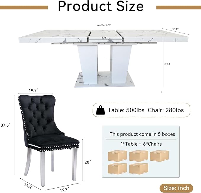 Goujxcy 7-Piece Extendable Dining Table Set for 6-8 People 63"-78.7" Kitchen Table Set with 6 Black Upholstered Chairs Modern White Faux Marble Rectangular Dining Room Table Set for Kitchen Apartment