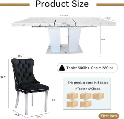 Goujxcy 7-Piece Extendable Dining Table Set for 6-8 People 63"-78.7" Kitchen Table Set with 6 Black Upholstered Chairs Modern White Faux Marble Rectangular Dining Room Table Set for Kitchen Apartment