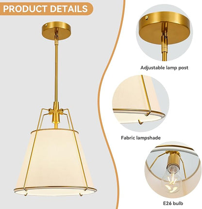 Modern Pendant Light Fixtures with 13" Off-White Linen Fabric Shade, Adjustable Hanging Light Fixture,Drum Gold Vintage Chandelier for Kitchen Island Bedroom Dining Room Foyer Entryway