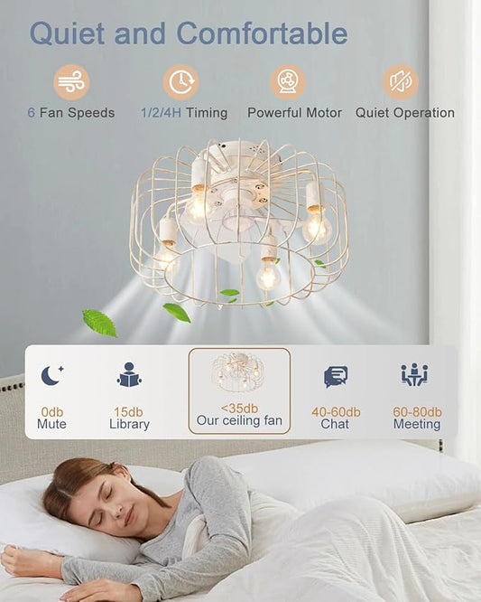 18inch White Gold Caged Ceiling Fan Light,Flush Mount Chandelier Industrial Ceiling Fan,Farmhouse Fan Lights Ceiling Fixtures for Kitchen,Bedroom,Outdoor(6 Speed,Timing with Remote)