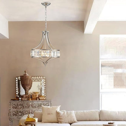 Crystal Chandeliers for Dining Room, Round Rustic Farmhouse Chandelier, Metal Shade, 4-Light Modern Brushed Nickel Chandelier for Hallway, Bedroom, Foyer
