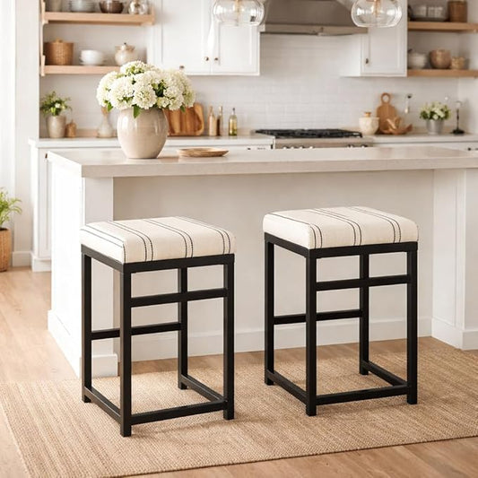 Homepop Home Decor | Modern 24-Inch Counter Stool | Backless Metal Frame Bar Stools Counter Height | Decorative Home Furniture, Black and White Stripe