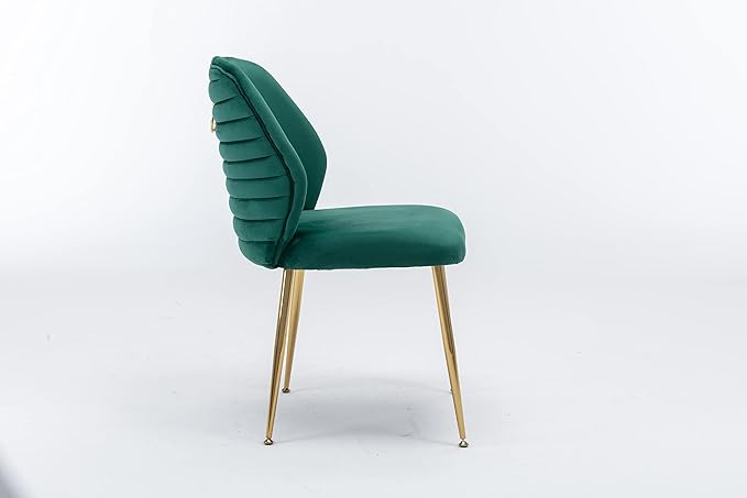 Modern Velvet Dining Chairs Set of 2, Woven Accent Kitchen Chairs with 4 Sturdy Golden Metal Legs, Luxurious Armless Side Chair with Ring for Indoor, Kitchen Island , Dining Room, Living Room (Green)