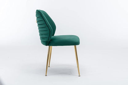 Modern Velvet Dining Chairs Set of 2, Woven Accent Kitchen Chairs with 4 Sturdy Golden Metal Legs, Luxurious Armless Side Chair with Ring for Indoor, Kitchen Island , Dining Room, Living Room (Green)