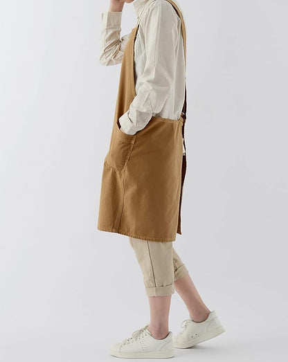 Japanese Cotton Linen Cross Back Apron with Pockets,Fashion Pinafore Dress for Gardening Painting Cleaning Cooking