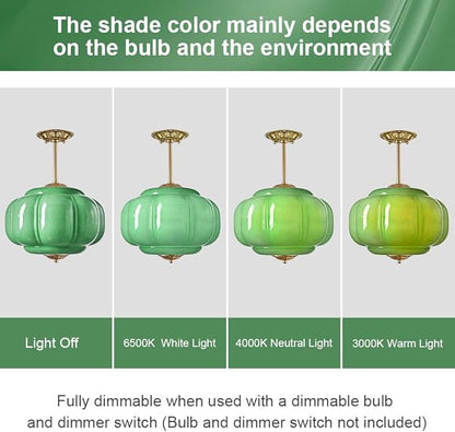 Vintage Milk Glass Ceiling Light Fixture, Antique Green Semi Flush Mount Milk Glass Pendant Light, 15" Farmhouse Mid Century Ceiling Light for Kitchen Hallway Schoolhouse Dining Room Bedroom