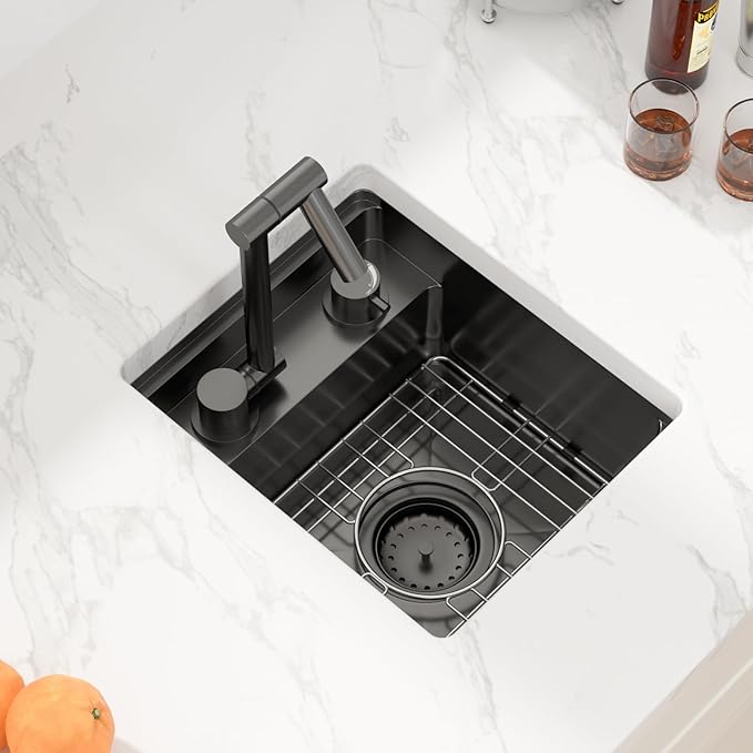 Sarlai Undermount Bar Sink, 13x15 Inch Undermount Outdoor Sink Workstation with Foldable Faucet Bar Prep Single Bowl Gunmetal Black 16 Gauge Stainless Steel Sinks with Cover BBQ Sinks Outside