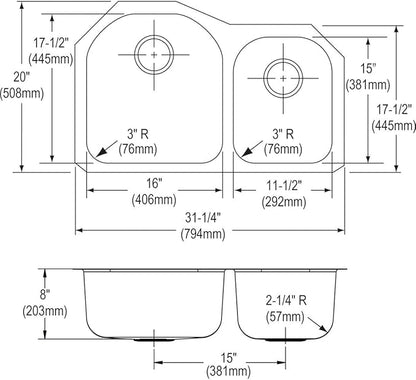 Dayton DCFU3119R Offset 60/40 Double Bowl Undermount Stainless Steel Sink, Soft Satin