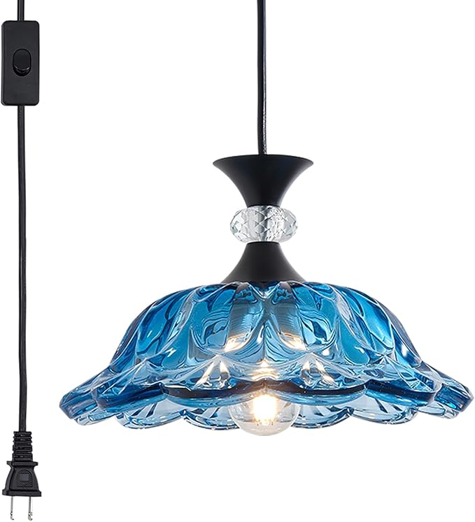 Plug in Black Pendant Light Plugin Kitchen Blue Glass Pendant Lighting Fixtures with Cord Switch Vintage Hanging Lamp for Island Dining Table Bedroom Living Room