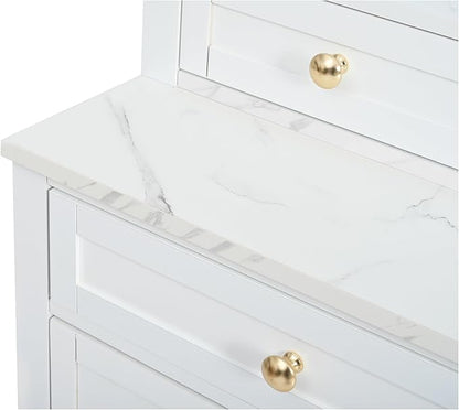 Modern 83.7inch High Kitchen Pantry Freestanding Tall Hutch with Faux Marble Top Display Cupboard with 5 Storage Drawers Practical(White)