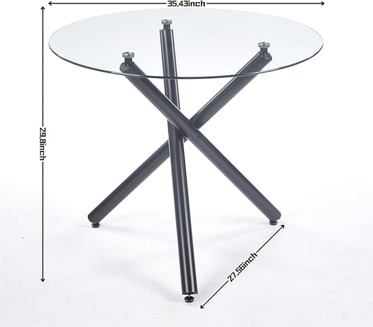 SSLine 35.4" Round Glass Dining Table for 2-4 Modern Circle Glass Tabletop Kitchen Table for 4 Luxury Dinner Tables with Black Metal Legs for Home Kitchen Dining Room(Table Only)