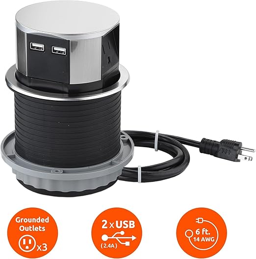 Link2Home 2 Pack Pop Up Outlet 10W Fast Induction Charger with Type-C USB, 3 Power Outlets 15A, 2 USB Ports 3.0A, Splash Resistant, Matt Black Finish, for Kitchen Counter Island, Office Table