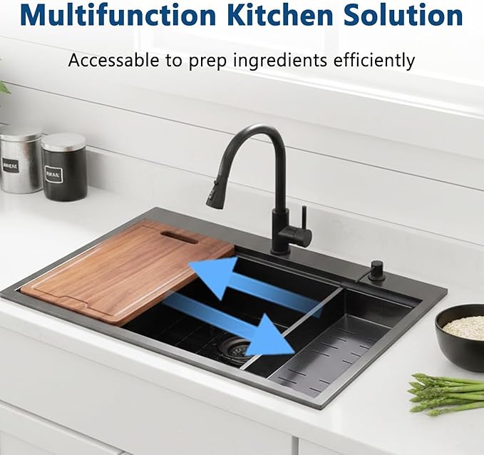 33 Inch Black Drop In Kitchen Sink, 33x22 Top Mount Workstation Handmade 16 Gauge Single Bowl Stainless Steel Sink with cutting board, dish grid, dish drainer and basket strainer