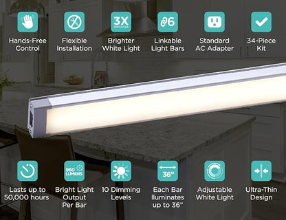 Black+Decker LED Under Cabinet Light Kit, Motion Sensor, Dimmable, Linkable, 3 Color Settings, Tool-Free, for Kitchen, Cabinets and Closets, (3) 9" Bars