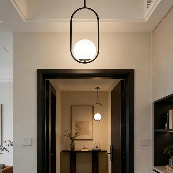 Modern Pendant Light with Milk Glass Globe Lampshade, Hanging Light Fixture for Kitchen Island, Adjustable Height Hardwired Ceiling Fixture for Dining Room, Bedroom, Hallway (1, Black)