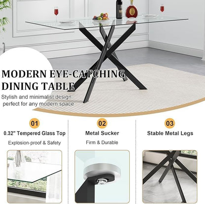 51.18" Rectangular Glass Dining Table, Tempered Glass Small Kitchen Table with Metal Tubular Legs, Stylish and Sturdy Clear Dinner Table for Home and Outdoor