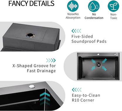 Gunmetal Black Kitchen Sink 33 x 22 Drop In Kitchen Sinks with Faucet Modern Workstation Large Stainless Steel Sink 33 Inch Single Bowl Top Mount Black Sink Kitchen