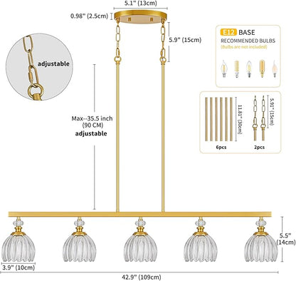 Gold Island Light for Kitchen, 5-Light Linear Chandelier for Kitchen Island with Tulip Glass Shades, Brushed Gold Finish Hanging Light Pendant Fixture Over Dining Table