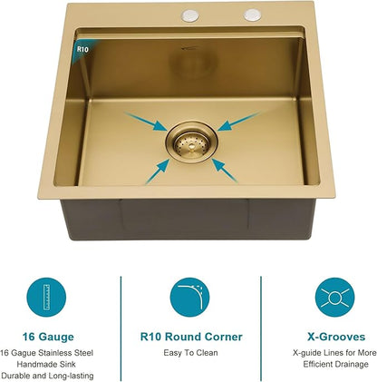 Gold Bar Sink Drop In Outdoor Kitchen Sink 21 Inch Workstation 16 Gauge Stainless Steel Single Bowl Outdoor Bar RV Sinks with Pull-out Faucet 21"x20"x9"