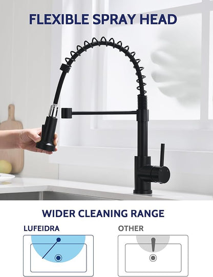 LUFEIDRA Black Kitchen Faucet with Pull Down Sprayer, High Arc Spring 304 Stainless Steel Single Handle 1 or 3 Hole 2 Mode Kitchen Faucets for Farmhouse RV Camper Laundry Wet Bar