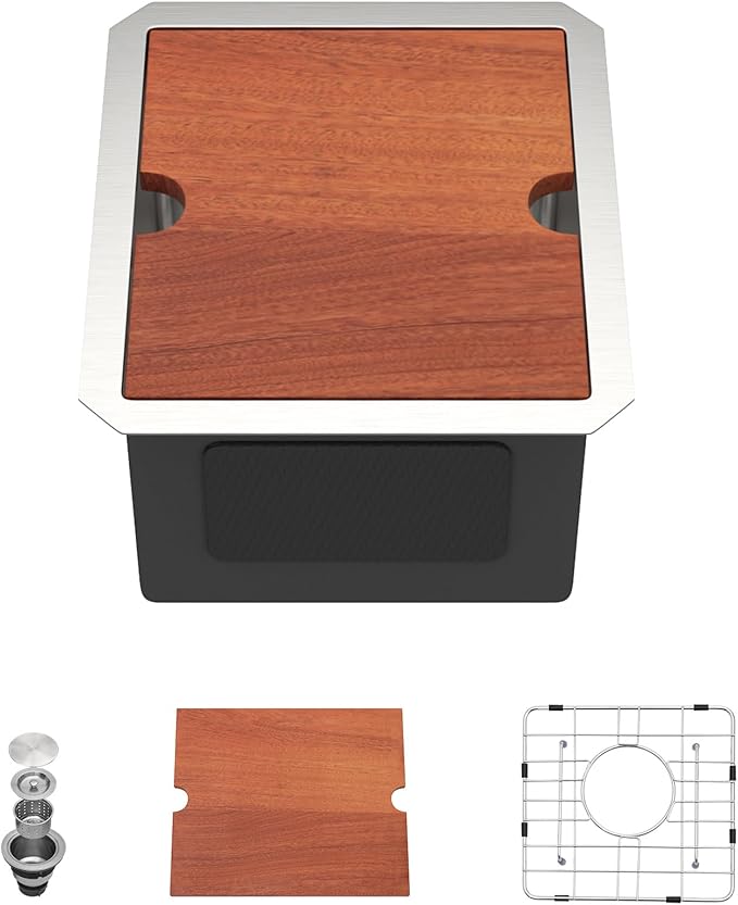 Dcolora Undermount Small Bar Sink 13x15x9 inches, Brushed 304 Stainless Steel, Heavy Duty 16 Gauce, Save Space with Full-size Cutting Board #DC-UW258001