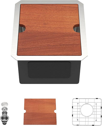 Dcolora Undermount Small Bar Sink 13x15x9 inches, Brushed 304 Stainless Steel, Heavy Duty 16 Gauce, Save Space with Full-size Cutting Board #DC-UW258001