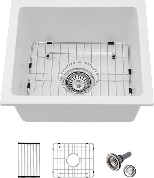18x16 Inch Undermount Kitchen Granite Composite Sink - 18 inch White Granite Sink Quartz Classic Under Counter Ledge Single Bowl Sink Basin(18"x16") LOF-GC1816