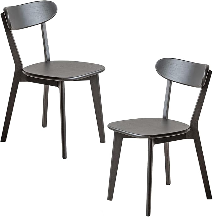 Black Dining Chairs Set of 2, Solid FAS Grade Oak Wood Kitchen Chair Pair, Modern Curved Back & 400lb Capacity, Easy Assembly for Breakfast Nook & Cafe
