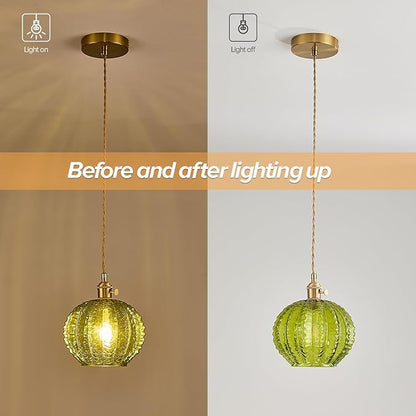 Green Glass Pendant Light Vintage Large Gold Globe Fixtures Mid Century Modern Pendant Lights Hanging Light Fixture Suitable for Kitchen Island Dining Room Foyer Above Sink Bathroom Bedroom