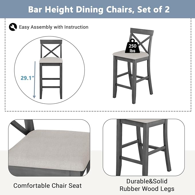 Farmhouse 48" Rectangular Wood Height Dining Set Kitchen Breakfast Nook with 2 Chairs for Small Places Solid Wood Gray+Beige 3-Piece Breakfast Nook Kitchen Island Durable