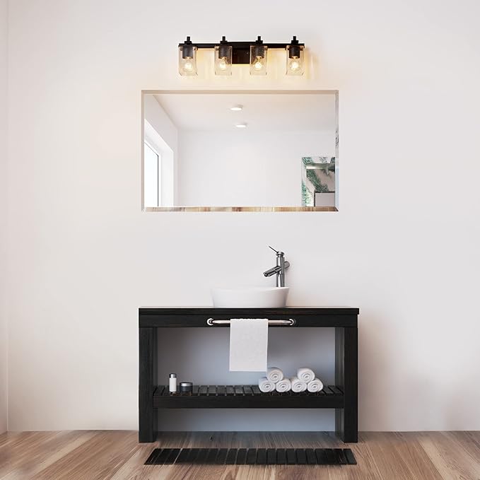 GLOBE Electric 52089 Dakota 4-Light Vanity Light, Matte Black, Seeded Glass Shades