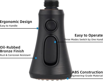 Hibbent Pull Down Kitchen Faucet Head Replacement, NSF/ANSI/CAN 61 & CUPC Certified 3-Function Sink Spray Nozzle with 15 Adapters Compatible with Moen, Delta, Kohler Faucets - Oil-Rubbed Bronze