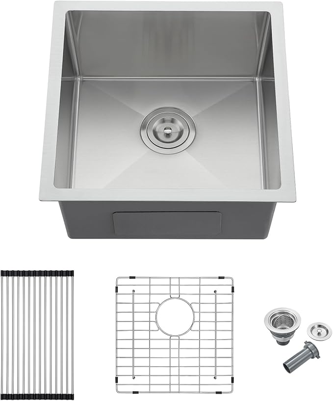 MENATT 18x18 Inch Undermount Kitchen Sink, 18 Gauge 304 Stainless Steel Single Bowl with Roll-up Drying Rack & Bottom Grid Mat, 9" Deep Compact Sink for Bar, Prep Station, Laundry Room