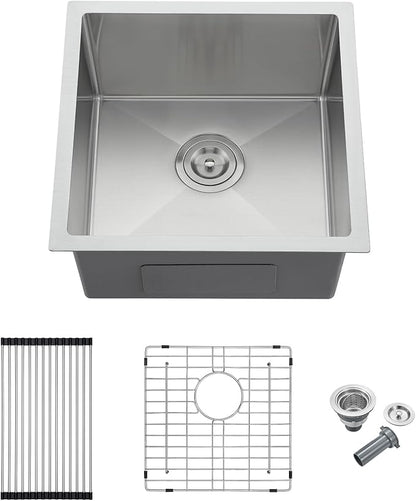 MENATT 18x18 Inch Undermount Kitchen Sink, 18 Gauge 304 Stainless Steel Single Bowl with Roll-up Drying Rack & Bottom Grid Mat, 9" Deep Compact Sink for Bar, Prep Station, Laundry Room