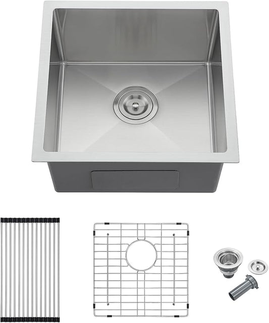 MENATT 18x18 Inch Undermount Kitchen Sink, 18 Gauge 304 Stainless Steel Single Bowl with Roll-up Drying Rack & Bottom Grid Mat, 9" Deep Compact Sink for Bar, Prep Station, Laundry Room