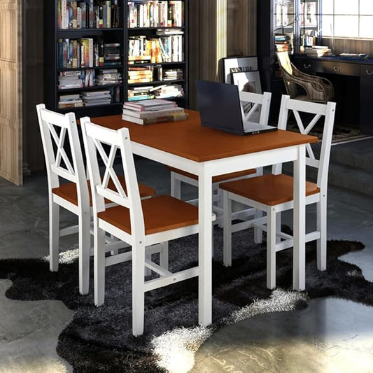 5-Piece Dining Table Set with Chairs, Small Kitchen Table Set for 4, Brown & White Lacquered Pine Wood Furniture, Compact Bistro Set for Dining Room, Kitchenette, Apartment