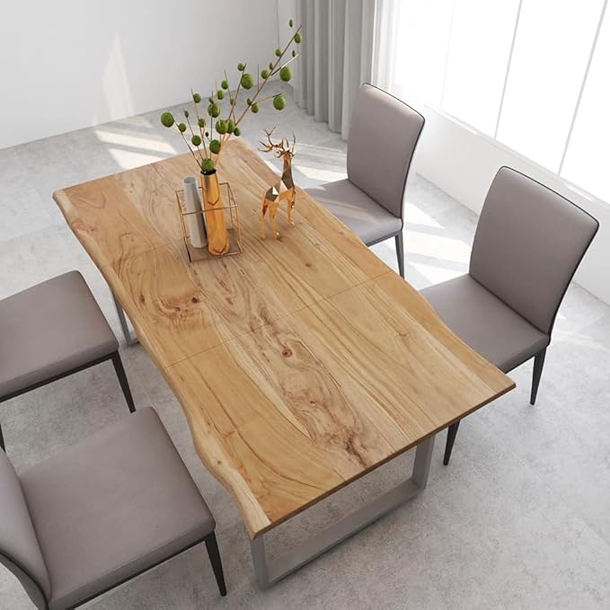 Solid Acacia Wood Dining Table with Powder-Coated Steel Legs Industrial-Style Kitchen Dining Room Home Office Indoor Furniture Restaurant Table Side Table 70.9" x 35.4" x 29.9"