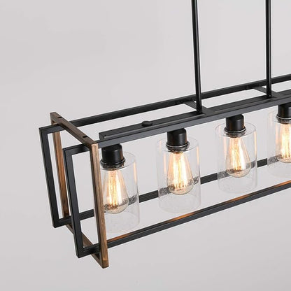 5-Light Black and Bronze Kitchen Island Lighting, Farmhouse Dining Room Light Fixtures Over Table, Linear Chandelier for Dining Room, Pool Table Pendant Light with Seeded Glass Shade