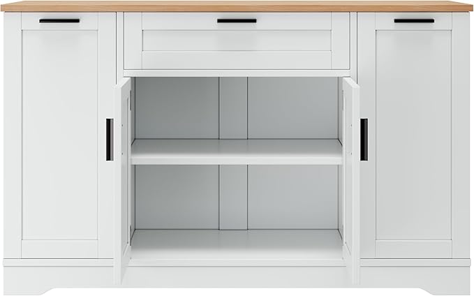 34.1"H Folding Dining Table with Drawers and Cabinets, Kitchen Island with Adjustable Shelves and 3-Tier Pull-Out Rack, Multi-Functional Storage Sideboard for Kitchen, Dining Room, Living Room (White)
