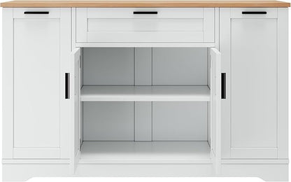 34.1"H Folding Dining Table with Drawers and Cabinets, Kitchen Island with Adjustable Shelves and 3-Tier Pull-Out Rack, Multi-Functional Storage Sideboard for Kitchen, Dining Room, Living Room (White)