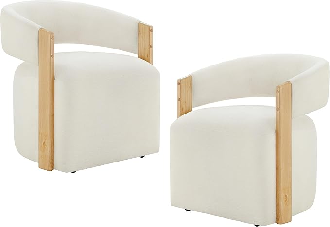 KISLOT Upholstered Dining Chairs with Casters, Modern Barrel Side Armchair with Rollers & Wooden Armrest for Dining Room, Bedroom, Kitchen, Reading Room, Beige, Set of 2