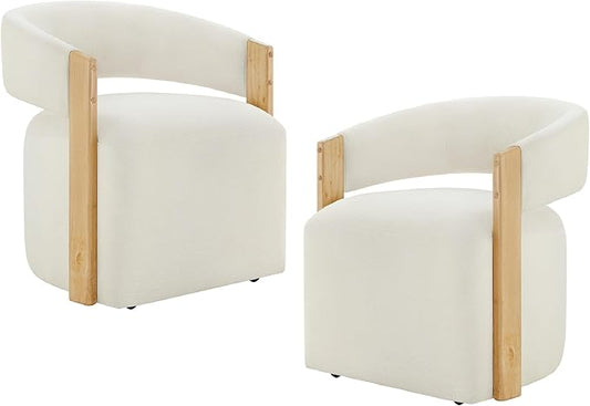 KISLOT Upholstered Dining Chairs with Casters, Modern Barrel Side Armchair with Rollers & Wooden Armrest for Dining Room, Bedroom, Kitchen, Reading Room, Beige, Set of 2