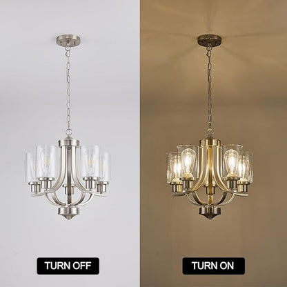 5-Light Dining Room Chandelier,Modern Small Chandeliers Farmhouse High Ceiling Pendant Light Fixtures for Living Room,Kitchen,Foyer,Bedroom (Brushed Nickel)