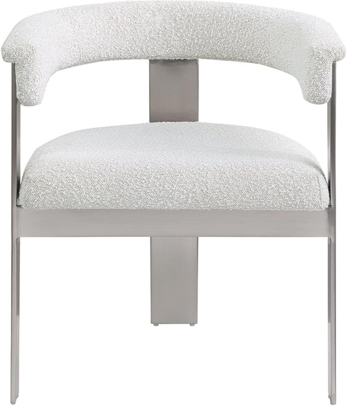 Pemberly Row Contemporary Dining Chair Set, Cream Boucle Fabric, Brushed Chrome Metal Frame, 23.5" W x 21.5" D x 28" H, Modern Upholstered Seating for Kitchen or Dining Room