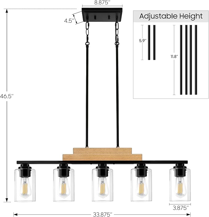 Dining Room Light Fixture/Chandeliers Over Table, 5-Light Modern Rustic Linear Pendant Lights Kitchen Island Lighting, Wood Ceiling Light Fixture Hanging with Clear Glass Shade, Matte Black