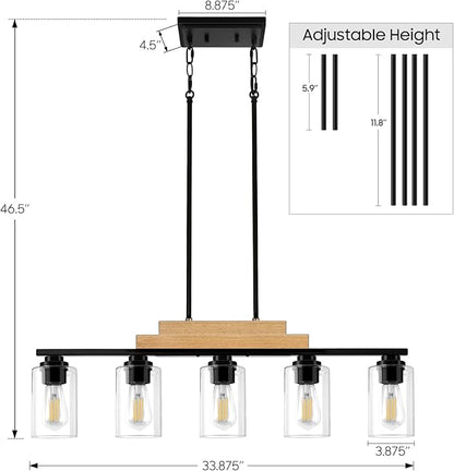 Dining Room Light Fixture/Chandeliers Over Table, 5-Light Modern Rustic Linear Pendant Lights Kitchen Island Lighting, Wood Ceiling Light Fixture Hanging with Clear Glass Shade, Matte Black