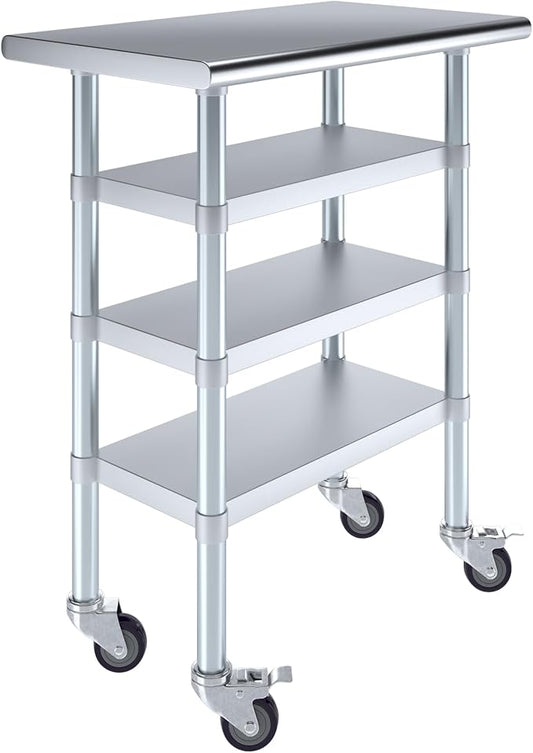 AmGood Stainless Steel Work Table with 3 Shelves and Casters | Kitchen Island Food Prep | Laundry Garage Utility Bench | NSF Certified (30" Long x 18" Deep)